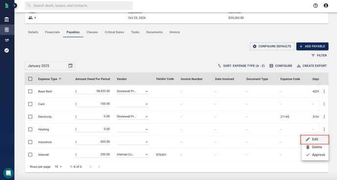 Edit Payable Menu