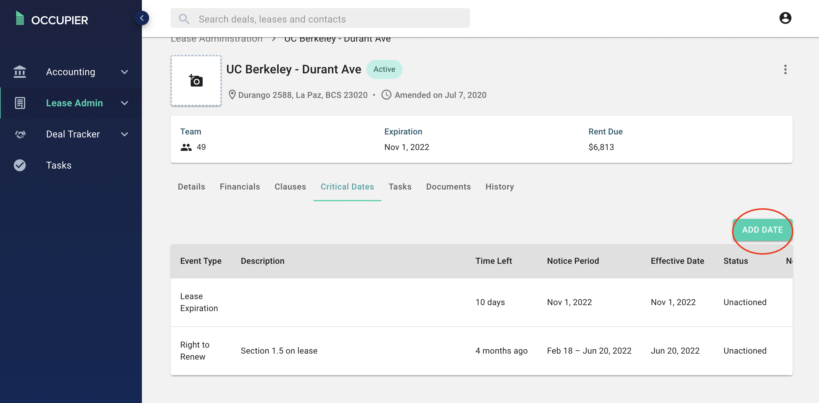 Adding Critical Dates in Lease Administration